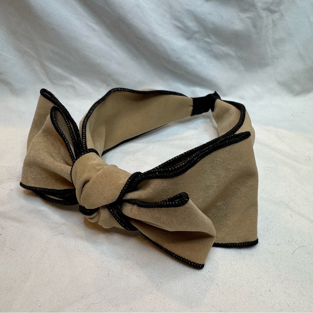 Elegant Tan Bow Headband with Black Trim